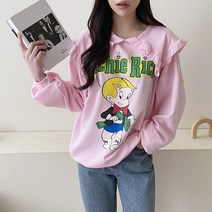 파트투 봄신상 여성 루즈핏 맨투맨 긴팔티셔츠 여자 박카라 셔링 프릴 레터링 케릭터
