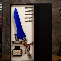 해리포터 앤틱깃털펜 만년필선물 캘리그라피연습 딥펜 깃펜세트 드로잉 호텔볼펜, 네이비