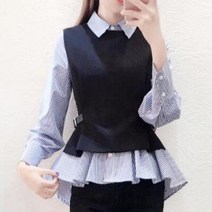 에쉬울프 여성 스트라이프 언발 프릴 블라우스 검정 베스트 매치 봄 블라우스