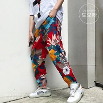 도오빠 트레이닝 바지 면바지 플로럴 패턴 유니크 패션 하렘 스타일 팬츠 봄 가을 간절기 남성 남자 긴바지 얇은 복고풍 꽃무늬 빈티지 배기 편한 홈웨어 20대 30대