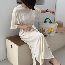 [라멜라] 코튼 박시 루즈핏 허리끈 롱 원피스