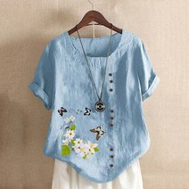 아사면 블라우스 린넨 루즈핏 블라우스여름 캐주얼 나비 프린트 그래픽 루즈한 티셔츠 레트로 코튼 리넨