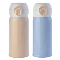 1+1 파스텔 원터치 보온병 보온물병 미니텀블러 350ml, 베이지+블루