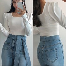 어깨 뽕 퍼프 유넥 스퀘어넥 긴팔 슬림 티셔츠