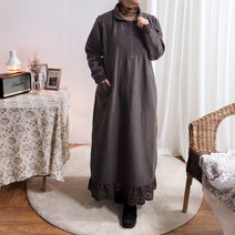 모던 캐주얼 레이스 겨울 솜 본딩 면 카라 핀탁 샤링 롱 원피스