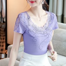 2022 여름 펀칭 망 반팔 블라우스 패션 라이트 다이아몬드 실버 레이스 티셔츠 여성 상의 도매