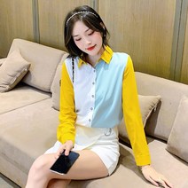 배색 쉬폰 블라우스 여 긴팔 봄옷 기질 OL 셔츠 디자인 센스서양식 저고리