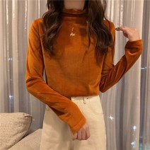 KORELAN 골드 벨벳 바닥 셔츠 2020 가을과 겨울 새로운 스타일의 세미 하이 칼라 자수 긴팔 티셔츠 여성용 벨벳 내부 탑