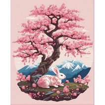 DIY캔버스페인팅 벚꽃나무 흰토끼 물감 명화따라그리기 후지산 귀여운 래빗 계묘년 토끼의 해 행운 사랑 넘치는 피포페인팅 가게오픈 집들이선물 액자프레임포함 24색, 세로형-40*50cm, 그리그 선택4-벚꽃나무 흰토끼