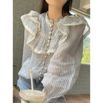 프릴 레이스 블라우스 러플 여성 봄 스탠드 카라 긴팔 블루 셔츠 캐주얼