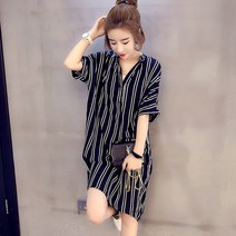 쉬폰원피스 여름 대형 여성 세로 줄무늬 중간 길이 쉬폰 드레스 V 넥 셔츠 쉬폰