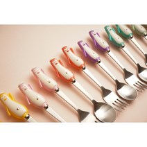 이태리 am 유아 수저세트 펭귄 곰돌이 돌아기 초기 중기 이유식 스푼 포크 숟가락 세트, 민트블루