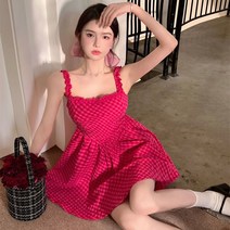 작은 키커 보이는 라즈베리 로즈레드 체크 보여 화이트 밴딩원피스 여성 티 멈추다 프렌치 러블리 끈나시 슬립 7스카이 안
