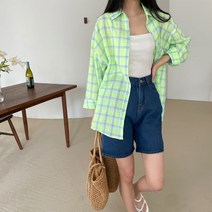 블루레몬 여름긴팔 오버핏 체크 네온셔츠 바캉스 형광색 박시핏 남방 핑크 그린 오렌지