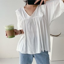 셀러허브(잡화) 여자 V넥 프릴 셔링 반팔 루즈핏 무지 단색 블라우스