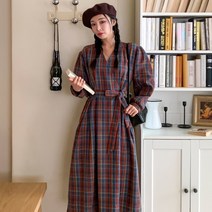 디작소 여성 커벤프 체크 핀턱 뒷밴딩 랩 원피스
