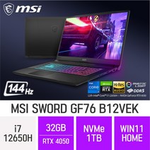 MSI GF시리즈 Sword GF76 B12VEK, WIN11 Home, 32GB, 1TB, 코어i7, B