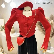 just feel!ng 클래식 스퀘어넥 골지 쇼트 가을 겨울 퍼프 소매 이너 상의 긴팔 가디건 이너티 여성티