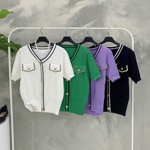 행복여[신상무배]체인 배색 띠 포인트 브이넥 골지 니트