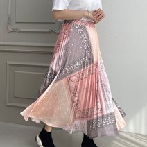 봄 여름 새틴 페이즐리 나염 플라워 패턴 A라인 플리츠 플레어 키작녀 밴딩 롱 스커트