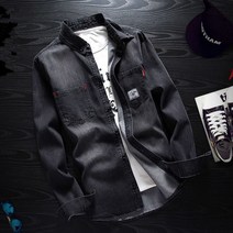 JUSTFEELING 봄가을 블랙 데님셔츠 캐주얼 데일리 남성 긴팔 셔츠 남방 빅사이즈