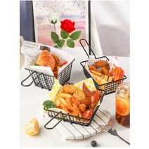 안주 스텐 치킨 바구니 2개 감자튀김 바스켓 접시 플레이팅, 3.블랙 소형 원형 바구니 2개