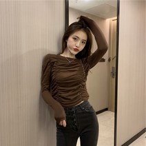 주름셔츠 숏맨투맨 여성 차오쿠 디자인감각 보이핏 볼륨 레쉬 상의 슬림핏 긴 소매 초 가을 2424542656, 2XL 브라운55