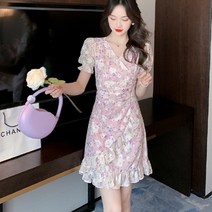 쉬폰 미니 랩 원피스 V넥 셔링 프릴