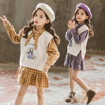 베비포 여아용 조끼 니트 체크 원피스 세트 TF7