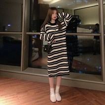 HXT 단가라 롱니트원피스 겨울 라운드 스트라이프 소프트 심플 여성의류