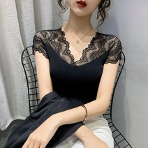 쩐쿠 여름 여성 레이스 브이넥 반팔 니트 티셔츠 Z272