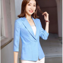 AMlisa 슬림핏 7부소매 린넨자켓 데일리 오피스 캐주얼 원버튼 정장 자켓 빅사이즈여성복