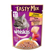 위스카스 습식사료 파우치 1박스 [80g x 24개] 상품별 모음 가능, 테이스티 믹스 닭고기,연어와미역 70gx24개