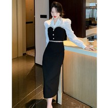 엔젤걸스 2023년 봄 프렌치 리비에라 퍼프 소매 블라우스 찢어진 하프 스커트 정장 원피스