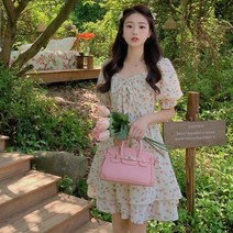 플라워원피스 꽃무늬 쉬폰 원피스 여름 통통한 오버핏 여성 퍼프소매 캐주얼 짧은 꽃 차 휴식 프랑스 휴가