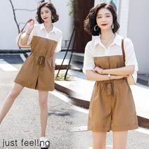 just feel!ng 여름 여성 반팔 반바지 카고 점프슈트 셔츠 칼라 배색 카라 벨티드 루즈핏 빅사이즈 점프슈트