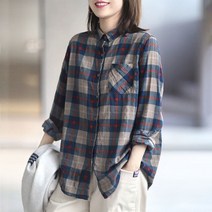 퓨어 코튼 빈티지 격자 무늬 프린트 캐주얼 셔츠 여성용 문학 올 매치 보터밍 블라우스 팜므 카디건 상의