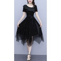 원피스 블랙 여성 루즈핏 슬림핏 망사 원피스 여름 사각넥 빅사이즈 반팔 언밸런스 원피스