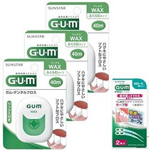 GUM (껌) 치실 (왁스 부풀어 오르는 타입) 왁스 있음 치간 케어 언플레이버 40m×3개 팩+덤 첨부 GUM(ガム) デンタルフロス (ワックス ふくらむタイプ) ワックスあり 歯間ケ