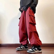 남자점프수트점프슈트작업복멜빵작업복 남성용 낙하산 스타일 힙합 스트리트 오버사이즈 포켓 바지 하라주쿠 루즈 솔리드 컬러 캐주얼 팬츠 Y2K 다리가 있는, [03] Chinese Size L, [02] Wine Red