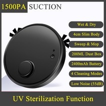 로봇 걸레 청소기 1500pa 진공 (UV 살균 포함) 건식 습식 세정기 스마트 소독 바닥 스위퍼 카펫 청소 Robo, 호주, Regular Black