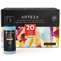ARTEZA 공예 아크릴 페인트 20가지 색상 세트 2oz/60 ml 병 수성 무광 마감 페인트 유리 나무 도자기 직물 가죽 종이 및 캔버스에 예술 및 DIY 프로젝트를 위한 미술 용품, 20 x 2 oz Classic Colors