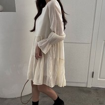 oshu / 데일리 모던한 2컬러 쉬폰 주름 청순한 롱원피스