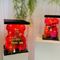[문구제작] 로즈베어+전용케이스+LED전구 풀세트 구성 25cm 40cm 장미꽃 곰돌이 로즈 곰인형 프로포즈 생일 기념일 선물, 핑크, S사이즈, 블랙