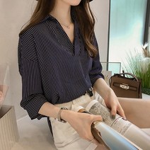 반오픈 카라 세로 줄무늬 5부 셔츠 LK-S014