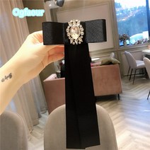 Ogfaour 스쿨룩 블랙 큐빅 보타이 롱 리본 블라우스 패치 빈티지 보석 네크라인 여브로치 A23030137