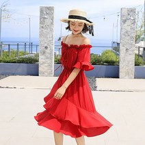 탑트레일/여자 여름 휴양지룩 바캉스룩 레드 프릴 레이스 언벨런스 오프숄더 비치 원피스, 옐로우