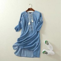 데님 원피스 봄 여름 에스닉 자수 드레스 여성 손목 슬리브 오넥 캐주얼 셔츠 2021 Vestido Jeans Feminino
