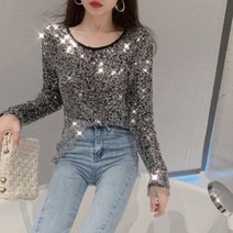 반짝이 니트 라운드넥 스팽글 크롭 티셔츠