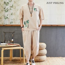 JUST FEEL!NG 자수 여름 남성 개량 생활 한복 빅사이즈 반팔티 밴딩 팬츠 상하의 세트